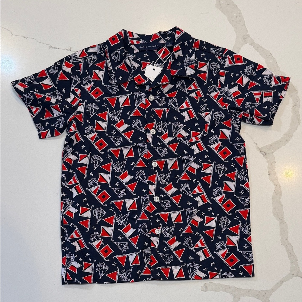 Janie and Jack Navy Blue Kids Shirt with Red and White Nautical Print